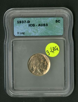 Us Coin 1937 D Rare 3 - Leg Buffalo Nickel