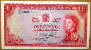 Reserve Bank Of Rhodesia Queen Ii Pound 26 - 10 - 1964 Very Fine Plus Rare.