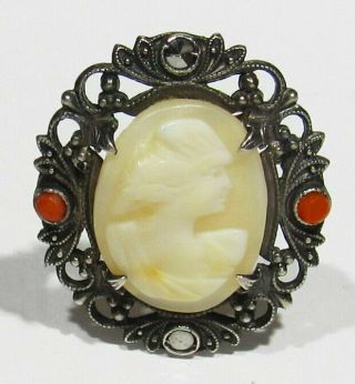 Big Antique 925 Silver Hand Carved Woman Shell Cameo Coral Marcasites Brooch Pin