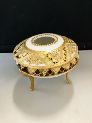 Antique Hand Painted Nippon Gilt Footed Hair Round Receiver With Lid