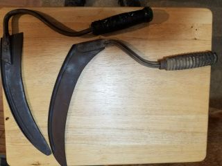 Antique Farm Tools [2] Hand Sickles 1 With Ribbed Wood Handle