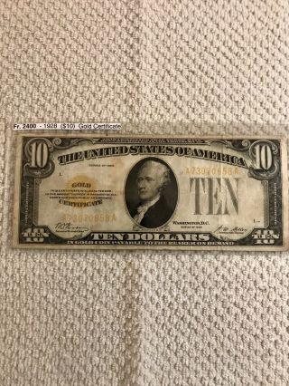 1928 $10 Gold Certificate (fr 2400:woods - Mellon) Aa Block Rare Small Note