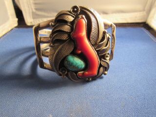 Vintage Sterling Silver Rare Native American Coral Turquoise Cuff Bracelet