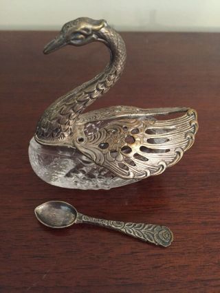 Antique Silver And Crystal Swan Salt Holder W Spoon