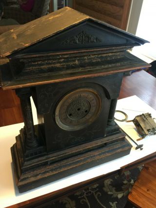 Antique Gothic Gabled 4 Pillar Clock With Movement,  Pan,  Pendulum,  Pinewood Case