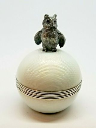 Rare English Sterling Silver & Enamel Owl Inkwell By William Edward Hurcomb 1909