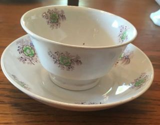 Antique Handleless Hand Painted Cup And Saucer Soft Paste Colorful Sprig