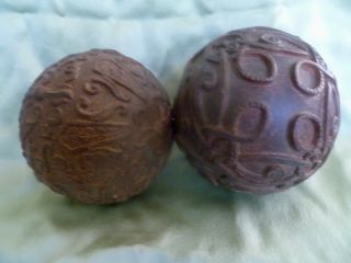 Two Vintage Carved Solid Wood Spheres Orbs Balls 4 " & 4.  25 " Bowl Fillers