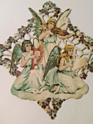 Antique German Paper Dresden Angel Trio Musical Instruments Victorian Scrap