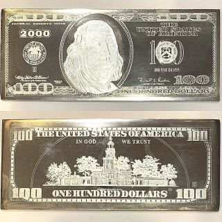 4 Oz Silver Us $100 Dollar Bill.  999 Fine In Capsule & Rare