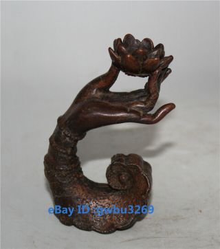 Chinese Archaize Pure Brass Hand Holding Lotus Flower Statues Incense Holder