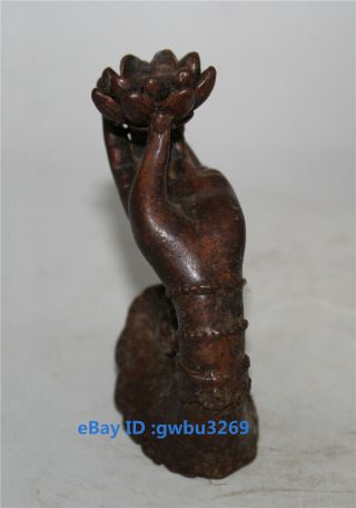 Chinese Archaize Pure Brass Hand holding lotus flower statues Incense holder 2