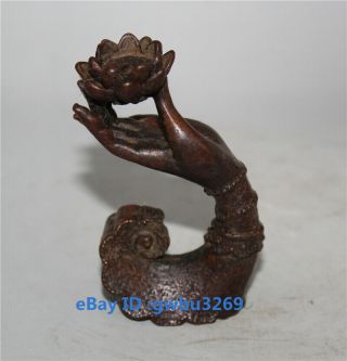 Chinese Archaize Pure Brass Hand holding lotus flower statues Incense holder 3