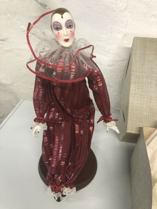 Vintage Silvestri Collectible Porcelain Harlequin Jester Red Stripe Doll