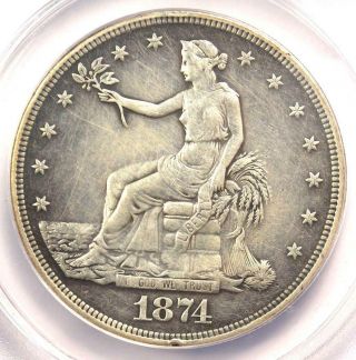 1874 - Cc Trade Silver Dollar T$1 - Anacs Vf35 Details - Rare Carson City Coin