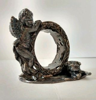 Antique Silverplate Figural Napkin Ring - Cherub Angel And Pug Dog