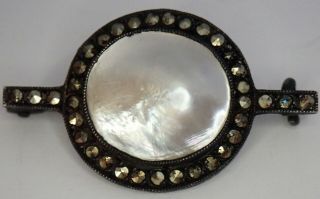 Antique Art Deco Blackened Sterling Silver Mabe Pearl Marcasite Pin