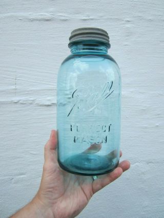 Antique 1/2 Gallon Aqua Ball Mason Canning Jar With Zinc Lid - 1910 - 1923