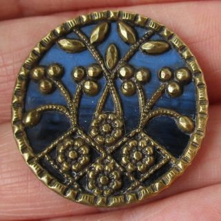 1 3/16 " Antique Blue Celluloid Button W Brass Plant Life Overlay