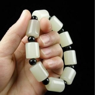 100 Natural Hetian White Jade Hand - Carved Cylindrical Statue Bracelet /pb02a