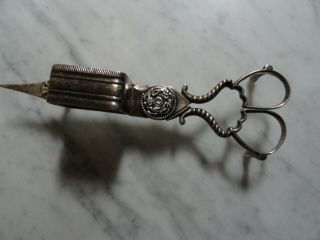 Antique Ornate Silver Plate Candle Snuffer Wick Trimmer w/Under Plate Hallmarks 3