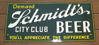 Rare Demand Schmidt’s City Club Beer Embossed Tin Sign 29” X 13”