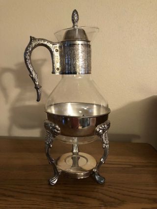 Vintage Footed Silverplated And Glass Carafe Coffee Server With Warmer