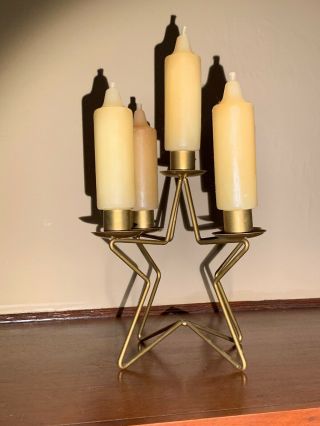 5 Candle Star Candelabra Antique Gold Finish W/ Candles Christmas