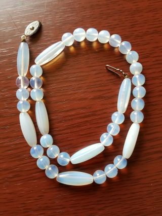 Antique Victorian Large Moonstone Bead Necklace Sterling Clasp C.  1900