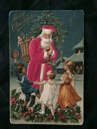 Antique Christmas Postcard Children Dancing Around Santa Velvet Suit,  Embossed