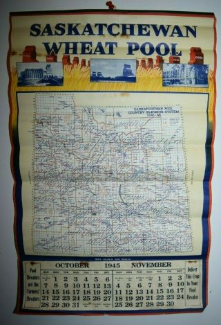 Antique 1945 Saskatchewan Wheat Pool Elevator Map Calendar Ww2 Grain Farm