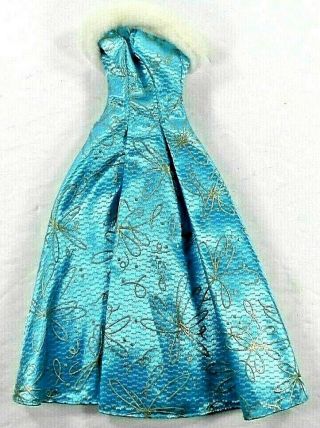 Barbie Blue Evening Gown W/gold Print & White Faux Fur Neckline Tagged