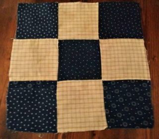 Antique Fabric Quilt Block Indigo Blue Calico 9 Patch 11 " X 11 "