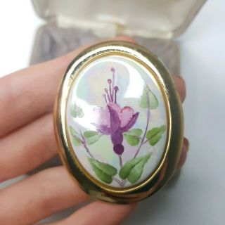 Rare Vintage Painted Flower Purple Gold Tone Brooch Gift Costume Jewellery