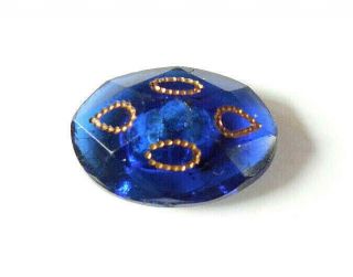 Antique Blue Glass Button - Faceted Whistle - Incised W/gold Trim 3/4 " Oval