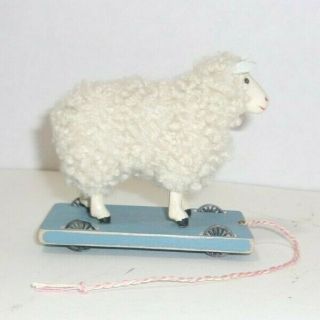 Antique Rare German Sheep Lamb 3 " Pull Toy Figure On Wheels