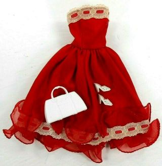 Vintage Handmade Barbie Red Strapless Dress W/white Trim White Shoes & Purse
