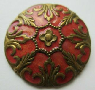 Exceptional Large Antique Vtg French Champleve Enamel Button Ornate Design (q)