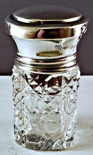 Small Antique English Sterling Silver & Crystal Vanity Jar Button & Cane Pattern