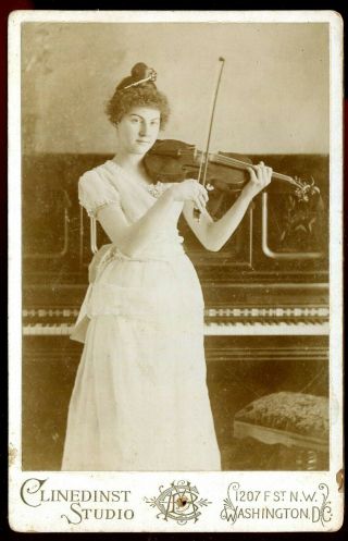 Antique Cabinet Card Photograph,  Woman Holding A Violin Washington Dc