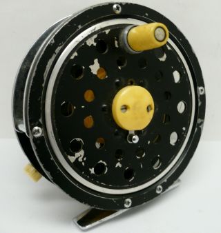 Vintage Fly Fishing Reel,  Black Silver Trim,  Foot Marked Japan,  3 5/8 " Diameter