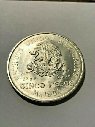 1954 Mexico Silver 5 Pesos Key Rare Date Unc 19979