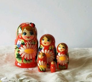 Set Of 5 Vintage Russian Nesting Dolls - Wooden & Hand Painted - Lady Bug