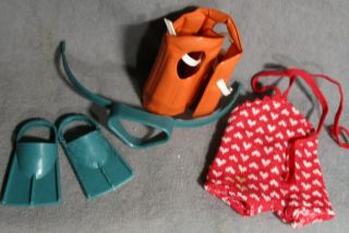 Vintage Accessories For Vogue Ginny Doll - 1957 Life Jacket,  Fins,  Bathing Suit
