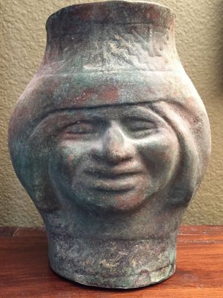 Rare Pre - Columbian Large Moche Silvered Copper Vessel " Face ",  300 - 600 Ad