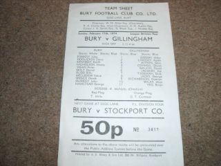 Rare Sunday Admission Team Sheet Bury V Gillingham 17th February 1974