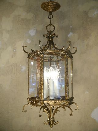 Rare Brass 6 Square 5 Light Lantern Solid Ceiling Lamp Chandelier Glass