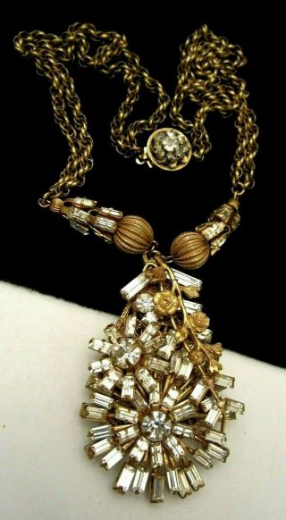 Rare Vintage Signed Miriam Haskell Goldtone Clear Rhinestone Flower Necklace A64