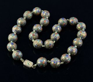 Rare Antique Chinese Cloisonne Enamel Gilt Filigree Silver Bead Necklace