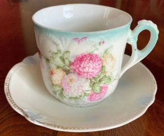 Teacup And Saucer Vintage Germany Flowers Hand Painted Beaded Border